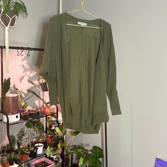 Love Change Sweaters - Love Change Olive Green Knit Open Cardigan Cozy Fall Layering Dolman Sleeve